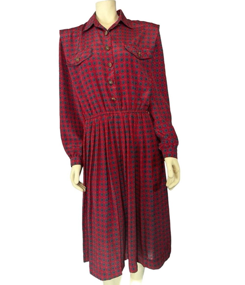 Vintage 80s Leslie Fay Red Geo Dress Medium M Pleated Button
